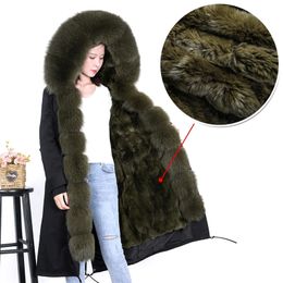new army green fox fur over-the-knee pie overcame women's thick rabbit fur liner winter long jacket top detachable 201212