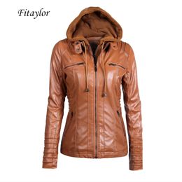 Fitaylor New Women Autumn Winter Hooded Faux Leather Jacket Slim Motorcycle Hat Detachable Plus Size 5xl Pu Leather Coat 201029