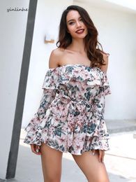 yinlinhe Floral Off Shoulder Short Jumpsuit Women Summer Overalls For Women Long Flare Sleeve Sexy Ruffle Playsuit With Belt 178 T200704