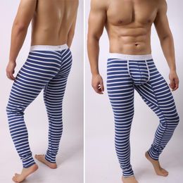 Men's Sleepwear Fashion Brand Cross Stripe Cotton Man Sexy Pouch Lounge Pants Gay Thermal Sleeping Pyjama Leggings 2021 Size 283G