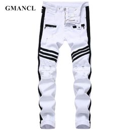 Men Hip-hop Stripe design Patchwork Ripped Stretch Slim Jeans Streetwear Cotton Male Casual Joggers Denim trousers Plus Size 42 201117