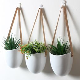 Set of 3 Ceramic Hanging Planters Succulent Air Plants Flower Pots with Leather Strap Wall Hanging Wall Decoration Flowerpot Y200709