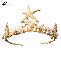 Vintage Gold Starfish Bridal Crowns Pearl Bridal Tiara Wedding Hair Jewellery Bridal Headbands Women Party Headpiece Prom Y200409