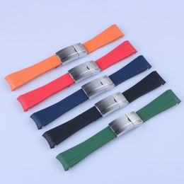 20mm Curved End strap and Silver all Brushed Clasp Silicone Black Navy Green Orange Red Rubber Watchband For Rol strap SUB GMT Dat306Y