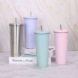 750ML 304Stainless Steel Straw Cup Large Capacity Vacuum Solid Colour Coffee Mug Tumbler Cup 211223