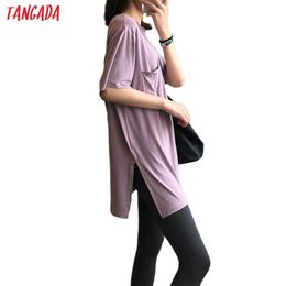 Tangada women solid long cotton T shirt short sleeve O neck tees ladies casual tee shirt street wear top ASF74 T200512