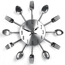 Home Decorations Stainless Steel Noiseless Cutlery Clocks Mechanism Design Living Room Decor Kitchen Restaurant Wall Clock Y200109