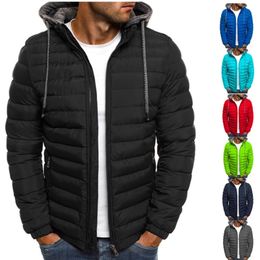 Men winter warm jackets long sleeve hooded zipper dwaterproof waterproof cotton parkas solid lightweight clothing outwear 201218