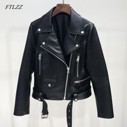 FTLZZ New Autumn Women Pu Leather Jacket Woman Zipper Belt Short Coat Female Black Punk Bomber Faux Leather Outwear 201029