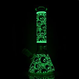 New 10 inch beaker bong hand painting Glow in the dark glass water pipe thick dab rigs oil rigs with bowl and downsteam