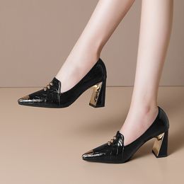 Women Dress Shoes Patent Leather High Heels Pointed Toe Pumps Embossing Metal Boat Shoes Female Wedding Shoes White Black