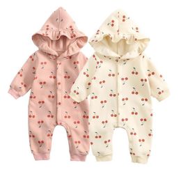 Girls Boys Rompers Cotton Sweatshirt Cherry Printed Unisex Fruit Jumpsuit Petal Hooded Infant Clothing Hooded Cute Winter Baby Tutu Dress