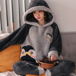 Winter Flannel Pyjama Set Womens Fleece Pyjamas Sleepwear Home Clothing Thick Warm Coral Velvet Female Nightgown Suit Pyjama 201217