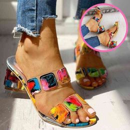 Sandals Women Square Heels Summer Sandals Peep Toe Ladies Multi Colours Wedge Shoes Sandalias de Verano Para Mujer Y220209