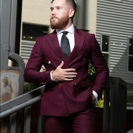 Burgundy Double Breasted Mens Pants Suits Plus Size Groom Best Man Coat Business Wedding Blazer (Jacket+Pants)