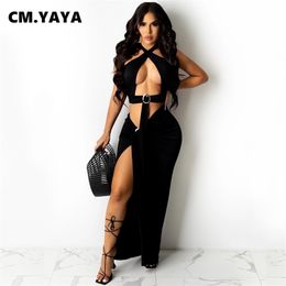 CM.YAYA Women Set Solid Sleeveless Halter Cut Out Crop Tops Splited Long Skirts Two 2 Piece Sets Sexy Fashion Outfit Summer 220302