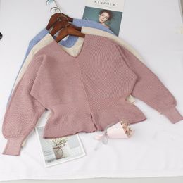 GIGOGOU Double V-Neck Autumn Winter Women Sweater Lurex Glitter Knitted Jumper Top Flare Sleeves Casual Female Pullover Sweater T200101