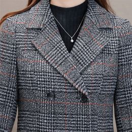 Winter Women Wool Blends Casual Jacket Plaid Trench Coat Elegant Slim Thick Outerwear Cardigan Female Cashmere Overcoat New 201217