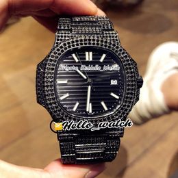 New 5711 5711/1A Black Texture Dial Miyota Automatic Mens Watch PVD Black Steel Fully Iced Out Diamond Bracelet Sport Watches Hello_watch