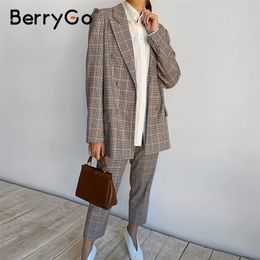 BerryGo Women business suit plaid pant suits female Office ladies double breasted ladies suits Spring two-piece blazer suit set 201030