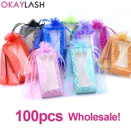 OKAYLASH 50/100pcs 3 in 1 bulk eyelash packaging bag shining glitter Colour luxury lash pacaging box with eyelash brushes