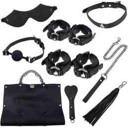 NXY Sex Adult Toy Games Bdsm Bondage Kit 7pcs/set Handcuffs Ankle Cuffs Mouth Gag Leather Whip Blindfold Spanking Paddle Erotic Toys1216