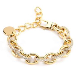 18k Gold Plated High Polished Full Zircon Oval Chain Link Stainless Steel Women Charm Bracelet