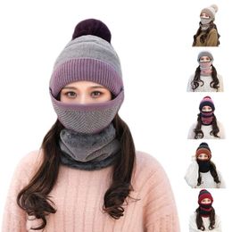 Women Winter 3Pcs Contrast Colour Knit Warm Pompom Beanie Hat Scarf Face Mask Set