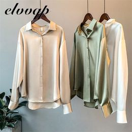 High Quality Elegant Imitation Silk Blouse Spring Women Fashion Long Sleeves Satin Vintage Femme Stand Street Shirts 220315
