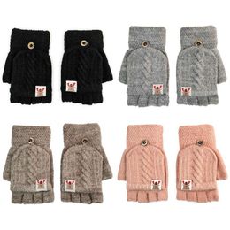Winter Women Christmas Deer Print Knitted Flip Gloves Soft Elastic Outdoor Thicken Warm Fingerless Half Capped Mittens