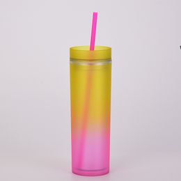 Plastic Gradient Straight Skinny Tumblers Cups 16oz Double Wall Colourful Portable Acrylic Tumbler Mugs With Straw And Lid by sea RRE12667