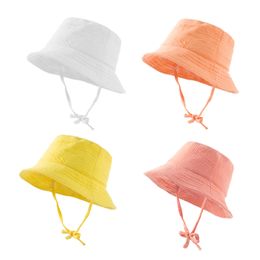 Barn Bucket Mössor Baby Girls Boys Reversible Wide Brim Sun Hat Bomull Crepe Andningsbar Sommar Soild Colors Beach Caps