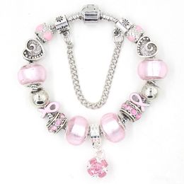New Arrival Wholesale Breast Cancer Awareness Jewelry Pink Ball Bead Bracelet Pink Ribbon Breast Cancer Bracelets For Women Girls