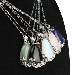 Flower Edged Water Drop Natural Stone Opal Crystal Pendant Necklace Chakra Healing Jewelry for Women Men chain