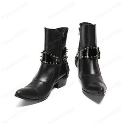 Fashion Pointed Toe Rivets Ankle Boots Men Genuine Leather Cowboy Boots Fashion Chains Black Boots Plus Size Men Shoes