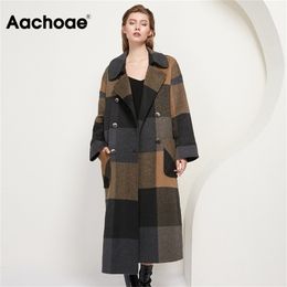 Aachoae Women Vintage Plaid Woollen Long Coat With Pockets Double Breasted Fashion Overcoat Female Batwing Long Sleeve Wool Coats 201218