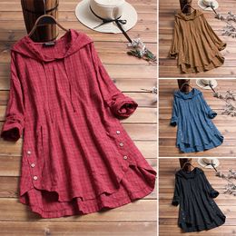 Plus Size Linen Shirt Womens Summer Autumn Blouse 2019 Long Sleeve Shirts Female Button Asymmetrical Blusas Hooded Tunic T200321
