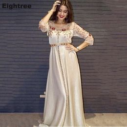 Eightree Morocco Caftan Evening Dresses Lace A Line Prom Dress Long Sleeve Formal Evening Party Dress Beadings Robe de Soiree LJ201120