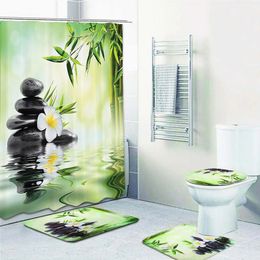 1/3Pcs/Set Bamboo Bathroom Set Shower Curtain And 3PCS Toilet Lid Cover Bath Mat Non-Slip Rug Y200108