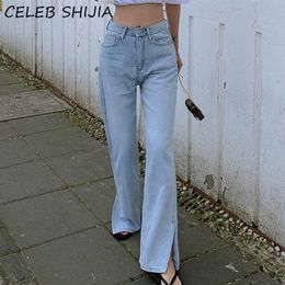 SHIJIA New Women Summer Jeans Casual Denim Trousers High Waist Straight Streetwear blue Wild Split Wide Leg Long Pants 201029