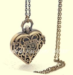 New Styles Quartz Vintage Medium Size Necklace Sweater Chain Green Bronze Hollow Carved Peach Heart Necklace Pocket Watch Watches Gift Watch