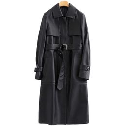 Nerazzurri black long leather trench coat women with belt turn down collar spring faux leather coat leather clothes for women 210201