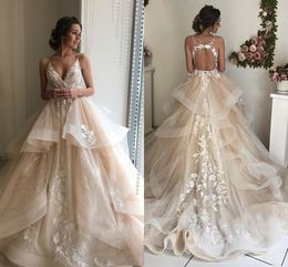 Champagne Floral Lace Wedding Dresses Sexy Backless Ruffles Puffy Bridal Gowns Beach Wedding Gowns Vestido De Noiva
