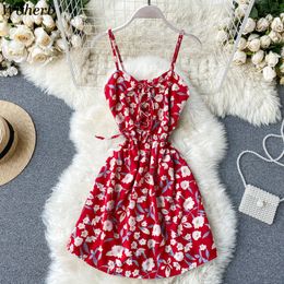 Woherb Korean Women Rompers Jumpsuits Summer Beach Floral Print Bandage Playsuit 2020 Fashion Sexy Bodysuit High Waist Overalls T200704