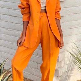 Orange Notch Lapel Lady Women Suits Spring and Autumn Slim Professional 2 Piece Set Suit Women's Pantsuit Customi Made 201030