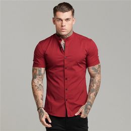 Arrivals Summer Man Short Sleeve Shirt Solid Fitness Mens Stand Collar Super Slim Fit Business Dress Button Gym Tops 220215