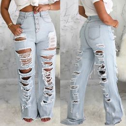 Hole boyfriend Jeans Womens Straight Bleached Pocket Casual Ripped Denim Pants ladies High Waist Mom Jeans Streetwear trousers 201105