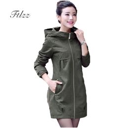 Medium Long Plus Size 4xl Trench Coat Women New Spring Autumn Hooded Zipper Loose Korean Style Windbreaker Green Outerwear 201031