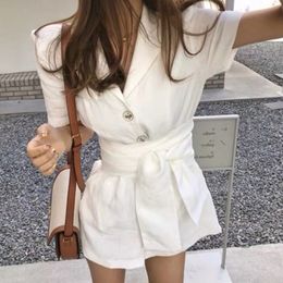 Summer 2020 New Cotton Linen Women's Jumpsuits & Rompers Sashes Vintage Single Breasted Short Wide Leg Pants Playsuit T200704
