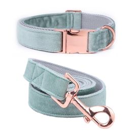 Unique Style Paws Christmas Designer Blue Velvet Adjustable Dog Collars and Leash Gold Buckle LJ201113